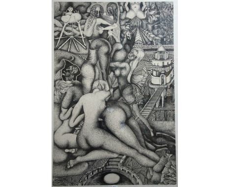 Dedic - Surrealist abstract, pen and ink, signed lower right, 120 x 79 cm to/w preparatory sketch for another work