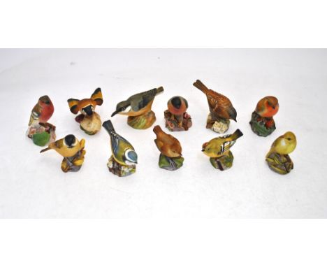 Eleven Royal Worcester bone china models of British songbirds: &nbsp;Gold Crest 3338; Wood Warbler 3200; Goldfinch 3875; Wren