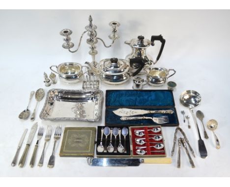 A Garrard &amp; Co. electroplated four-piece tea service with hot water jug, to/w a three-sconce candelabrum and various othe