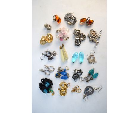 A collection of assorted earrings, some vintage, including turquoise drop, stone set, paste set, amber etc
