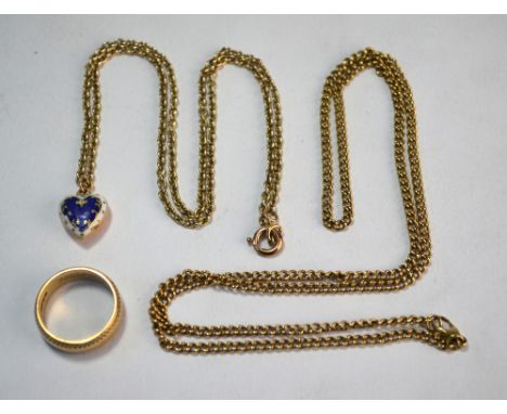 A blue and white enamel heart shaped pendant stamped 9ct on yellow metal trace chain to/w yellow metal curb style necklace ch