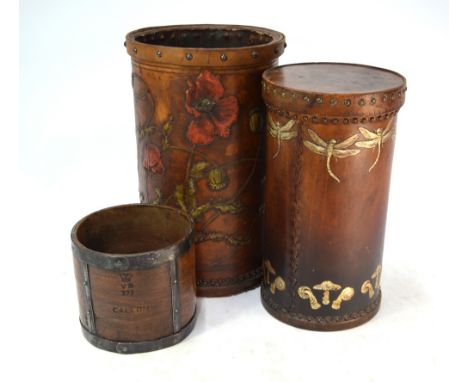 A Finnegan's of New Bond Street cylindrical studded leather box and cover, embossed and painted with dragonflies and mushroom