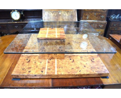 A contemporary bespoke burr walnut and glass coffee/centre table, 100 x 100 x 32 cm highCirca 2000, good condition, light scr