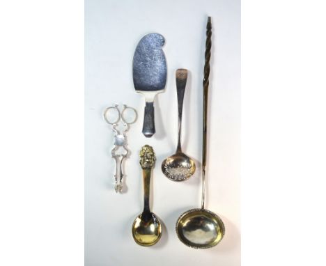 A pair of Georgian sugar nips of scrolling form with shell bowls, maker WC (no date), to/w an OEP sifter ladle, Solomon Hough