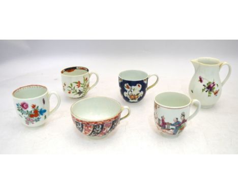 Four 18th century Worcester coffee cups: &nbsp;A coffee cup painted in Japanese colours with the 'Kempthorne' pattern, square