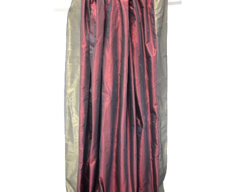 Four claret red shot silk effect lined and inter-lined curtains edged in slate grey comprising; a pair 70 cm wide x 275 cm dr