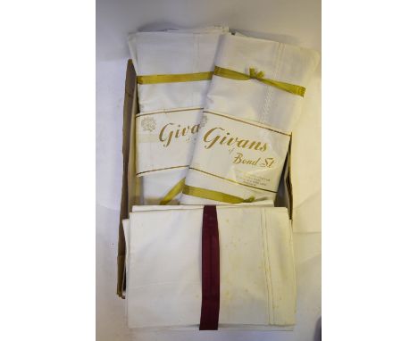 Two unused vintage Irish linen bedsheets, to/w four matching pillowcases in original packaging, Givans of Bond St.