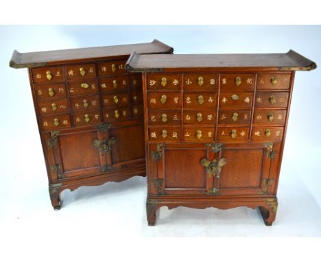 A companion pair of Asian hardwood cabinets each having sixteen drawers with two drawers over a pair of cupboard doors, on sh