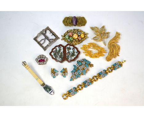 A collection of vintage jewellery including suite of Trifari jewellery of turquoise enamel and blue and white paste flower br