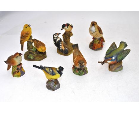 Seven Royal Worcester bone china models of British songbirds: &nbsp;Yellow Hammer 3377; Pied Woodpecker 3363; Thrush 3234; Ki
