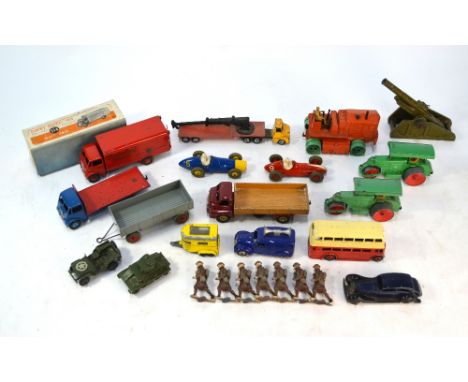 Dinky models - 514 Slumberland Guy Van (boxed), Guy Flatbed truck, 522 Big Bedford, 551 trailer, Pre-War Sedan, Loudspeaker V