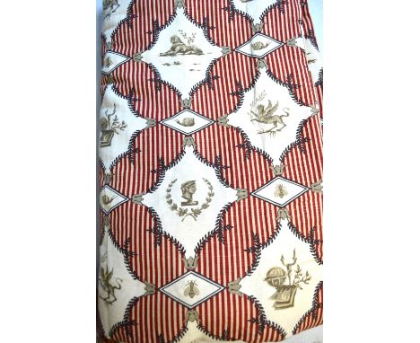 A pair of lined and inter-lined curtains, &nbsp;Georgian style oatmeal/off white ground with red Regency stripes and cartouch