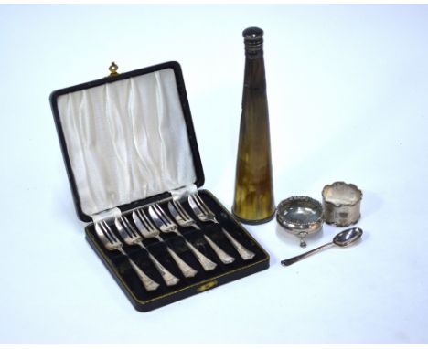 A Victorian silver-mounted cow-horn spirit flask with screw cover, London 1871, to/w a cased set of six pastry forks, Birming