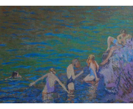 Raymund M Rogers (b 1957) - 'Trepidation', oil on canvas, signed lower left 74 x 100 cmGood original condition, the surface a
