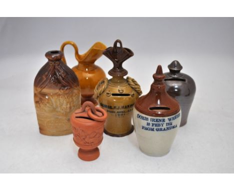 Doulton Watts salt-glaze reform flask moulded in relief to the front with Robert William Jerrod's characters 'Mr &amp; Mrs Ca