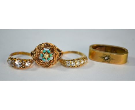 A five stone Victorian style cubic zirconia ring, 9ct yellow gold claw set, size M 1/2 to/w a three stone Victorian style cub