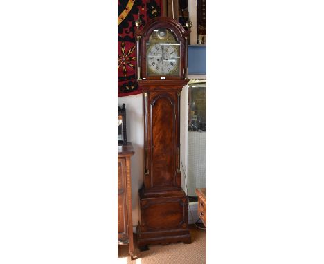 Taylor, King Street, Whitehaven, a 19th century flame mahogany 8-day longcase clock with silver chapter ring on arched backpl