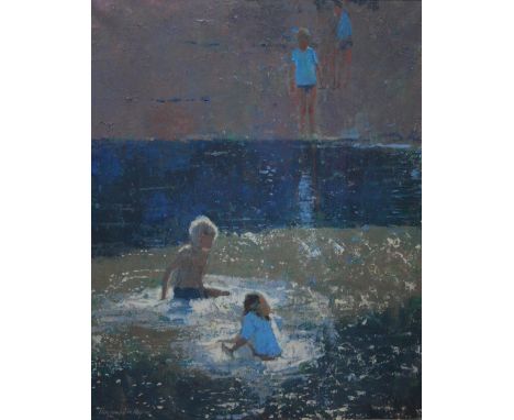Raymond M Rogers (b 1958) - 'Children playing, Boscastle', oil on canvas, signed lower left, 49 x 39 cmGood condition, ready 