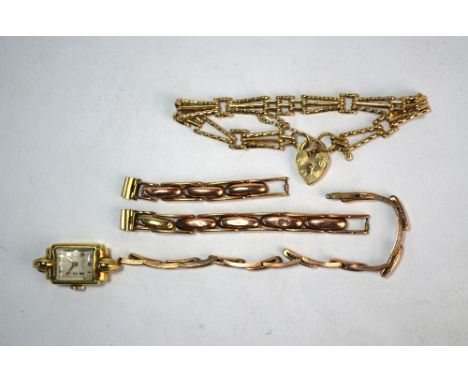 A 9ct three-bar gate bracelet with padlock and safety chain to/w a 9ct Everite lady's cocktail watch on expanding strap, and 