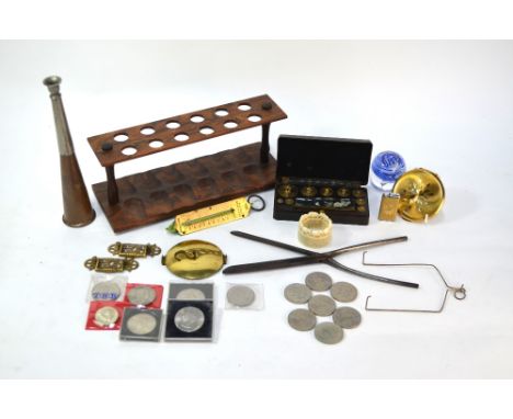 A copper and electroplated hunting horn, to/w various other collectables including curling tongs, scales, weight, etc. (box)