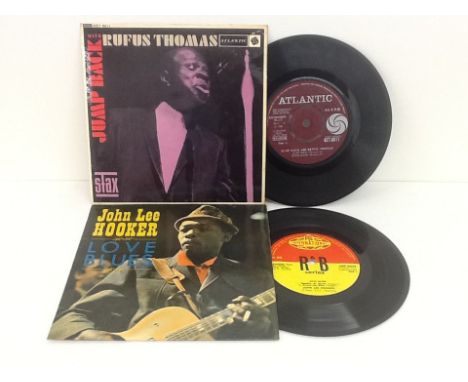 Two 7" vinyl EP 45rpm records, Rufus Thomas "Jump Back", Atlantic AET 6011 and John Lee Hooker "Love Blues" PYE NEP 44034.  B