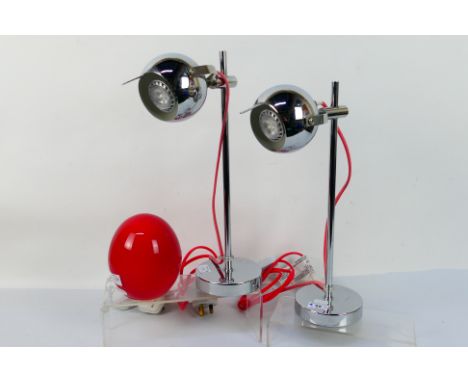 A matched pair of contemporary chrome table lamps 40 cm ( h)  and a modern red glass dome light 15 cm (h). ( all checked and 