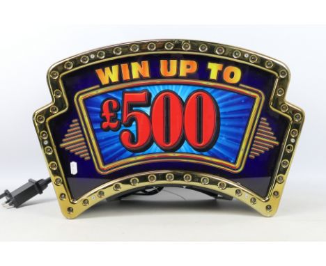 Win up to £500 Cash - Fruit Machine Sign. A working Win up to £500 Cash Fruit Machine light up sign appearing in Excellent co