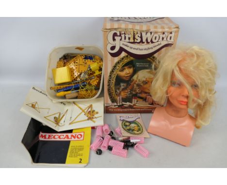 Palitoy, Meccano - A boxed Palitoy #32305 Girl's World Make-up and Hair Styling Model and unbuilt metal Meccano crane parts w