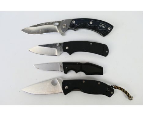 Four folding knives to include Spyderco, Buck and other. [W]

Note: This lot is not for sale to people under the age of 18. B