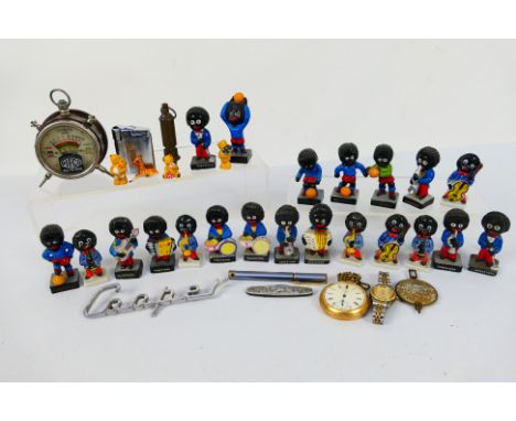 Lot to include Robertsons advertising figures (footballers and musicians), watches, vintage whistle and other. [W]

These ite