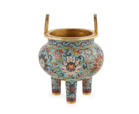 CLOISONNÉ ENAMEL TRIPOD CENSER QIANLONG MARK AND OF THE PERIOD the compressed bulbous body with a pair of vertical looped han