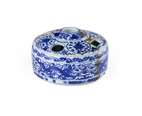 BLUE AND WHITE BRUSH AND INK-STICK STAND JIAJING MARK of drum form, the slightly convex top with four circular and a rectangu