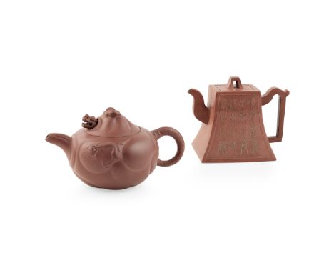 TWO YIXING STONEWARE TEAPOTS 20TH CENTURY comprising: a globular teapot moulded with dragon and fish in relief to each side, 