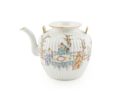 FAMILLE ROSE LOBED TEAPOT DAOGUANG MARK the bulbous body painted with scholars playing chess to one side, the other with scho