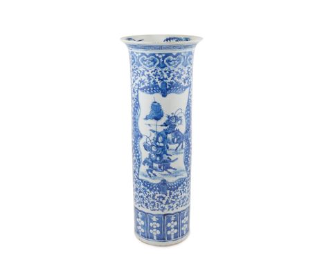 BLUE AND WHITE 'EQUESTRIAN' STICK-STAND QING DYNASTY, 19TH CENTURY of cylindrical form terminating at a flared mouth rim, pai