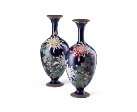 PAIR OF JAPANESE CLOISONNÉ ENAMEL VASES MEIJI PERIOD decorated on the body with a luscious peony bush to one side, the other 