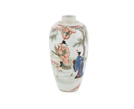 WUCAI JAR QING DYNASTY, 19TH CENTURY of oval shape, painted with a scholar presenting a cloth-wrapped item to another courtly