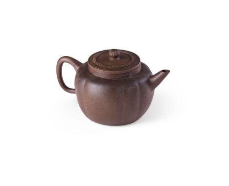YIXING STONEWARE TEAPOT SHAO JINGNAN MARK potted on a flatten base, raised to a bulbous lobbed body, the base impressed with 