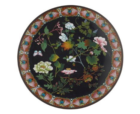 JAPANESE CLOISONNÉ ENAMEL PLATE MEIJI PERIOD enamelled with peony sprays and pomegranate fruits visited by butterflies in the
