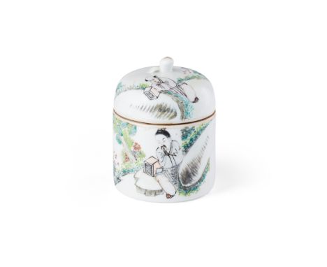 QIANJIANG ENAMELED AND INSCRIBED TEA CADDY WITH COVER TONGZHI MARK BUT LATER the container of cylindrical form, the body deco