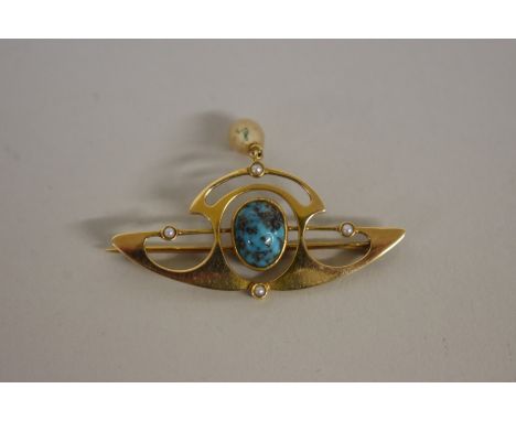 An Arts &amp; Crafts turquoise enamel and gold brooch,&nbsp;by&nbsp;Murrle Bennett &amp; Co,&nbsp;stamped 15ct, 5g all in. 