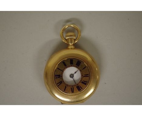 A continental half hunter fob watch,&nbsp;3cm case stamped .750, having unsigned white enamel dial, stem wind. 