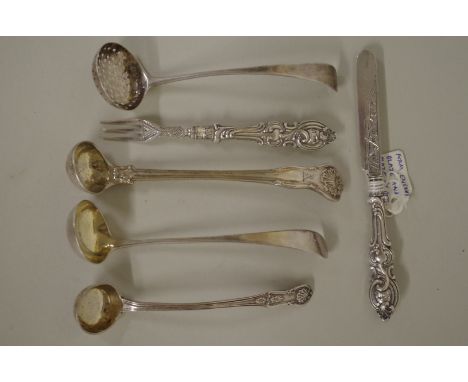 A Victorian silver miniature knife and fork, by George Unite, Birmingham 1860; together with three silver spoons; and one oth