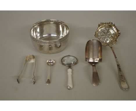 A small quantity of silver and white metal, to include: a George III silver caddy spoon, by Josiah Snatt,&nbsp;London 1802; a