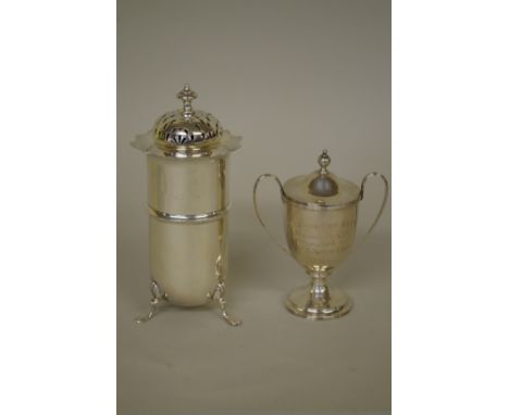 An Edwardian silver trophy cup and cover,&nbsp;by Elkington &amp; Co Ltd,&nbsp;Birmingham 1907, 12cm high;&nbsp;together with