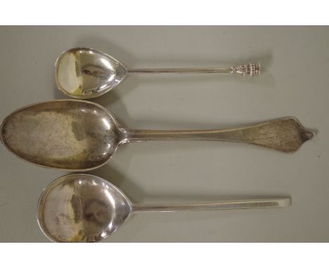 A Continental white metal rat tail spoon; together with a silver spoon,&nbsp;by Amy Sandheim Ltd, London 1938; and another si