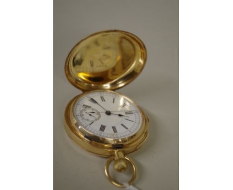 An 18k hunter cased repeating chronograph pocket watch, the unsigned 4cm white enamel dial decorated with Roman numeral hour 