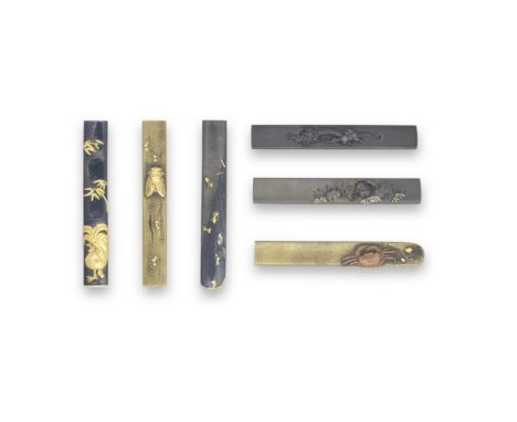 SIX KOZUKA (KNIFE HANDLES)Edo period (1615-1868), 17th to 19th centuryThe first brass and gold, with a cicada on the trunk of