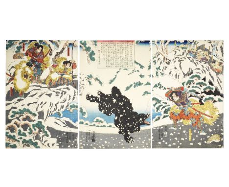 UTAGAWA KUNIYOSHI (1797-1861)Edo period (1615-1868), circa 1849An oban tate-e triptych print titled Yoshitsune koshin, Shiten