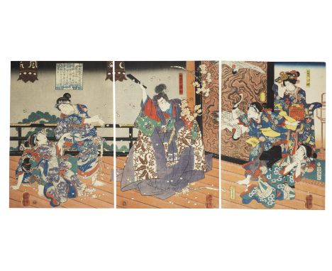 UTAGAWA KUNIYOSHI (1797-1861)Edo period (1615-1868), circa 1854An oban tate-e triptych print of a scene from the  kabuki play